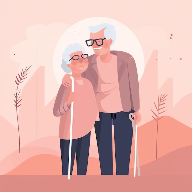 Una pareja de ancianos con gafas y un fondo rosa.