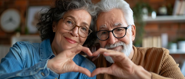 Una pareja de ancianos hace una forma de corazón con las manos en casa