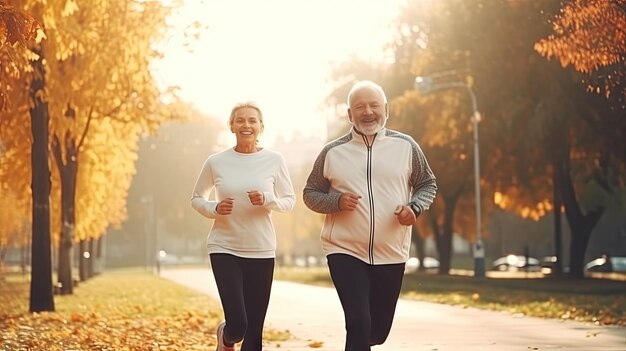 Foto una pareja de ancianos está haciendo deporte al aire libre ilustración generativa de ia