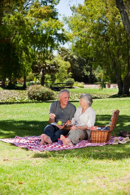 Pareja de ancianos haciendo un picnic en el jardín