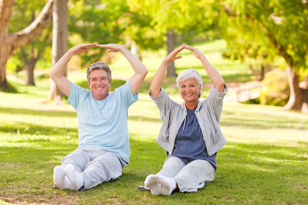 Pareja de ancianos haciendo sus estiramientos en el parque