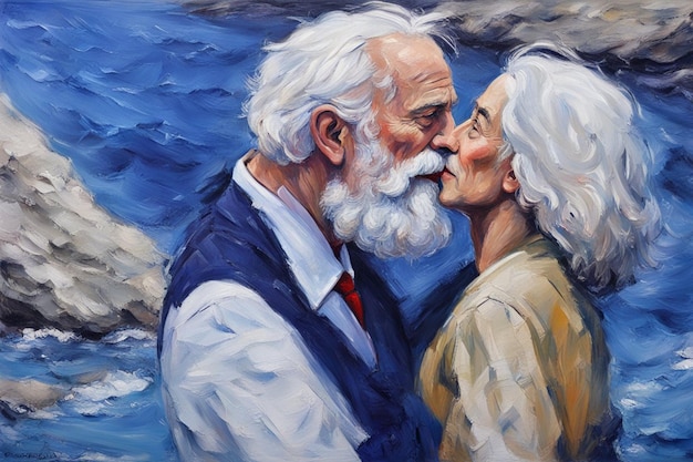 pareja de ancianos heterosexuales besándose en la playa romántica ilustración de pintura de san valentín