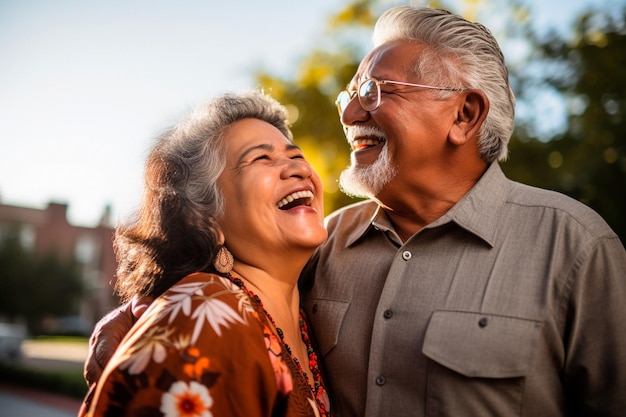 Una pareja de ancianos hispanos al aire libre sonriendo durante su jubilación