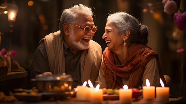 Una pareja de ancianos indios celebra la unidad del Beato Diwali en auténtica unión