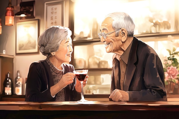 Una pareja de ancianos japoneses alegres y activos parecen felices sentados en un restaurante, una cafetería, un bar bebiendo cócteles, ancianos románticos que aman el pasatiempo, un buen estilo de vida, un buen concepto de relación familiar.