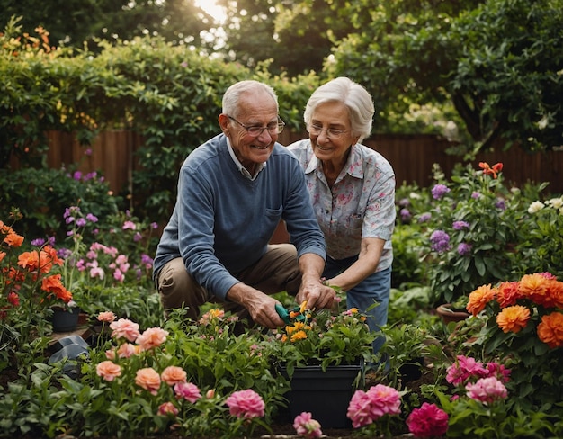 una pareja de ancianos en un jardín con flores y una olla de flores