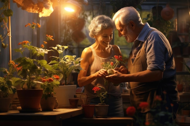 Pareja de ancianos jardinería Ilustración AI GenerativexA