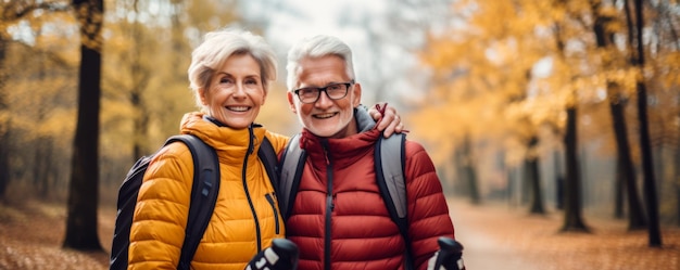 La pareja de ancianos jubilados activos es nórdica caminando en el parque estandarte de estilo de vida saludable generativo Ai