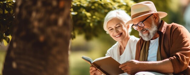 Una pareja de ancianos jubilados activos está leyendo un libro en el parque una pancarta de estilo de vida saludable Generative Ai