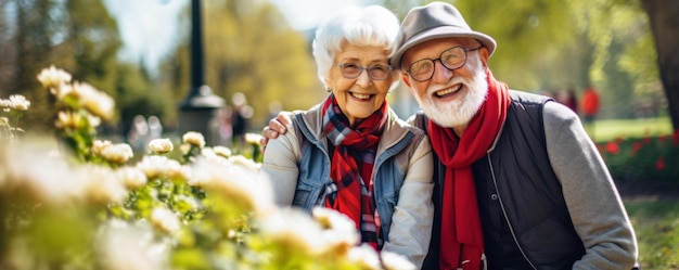 Una pareja de ancianos jubilados activos se relaja en el parque con una pancarta de estilo de vida saludable Generative Ai
