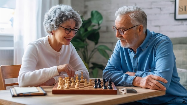 Una pareja de ancianos jugando al ajedrez en casa.