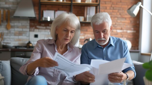 Una pareja de ancianos leyendo documentos en la sala de estar de su casa