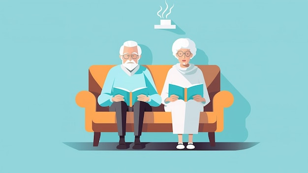 Una pareja de ancianos leyendo en un sofá.