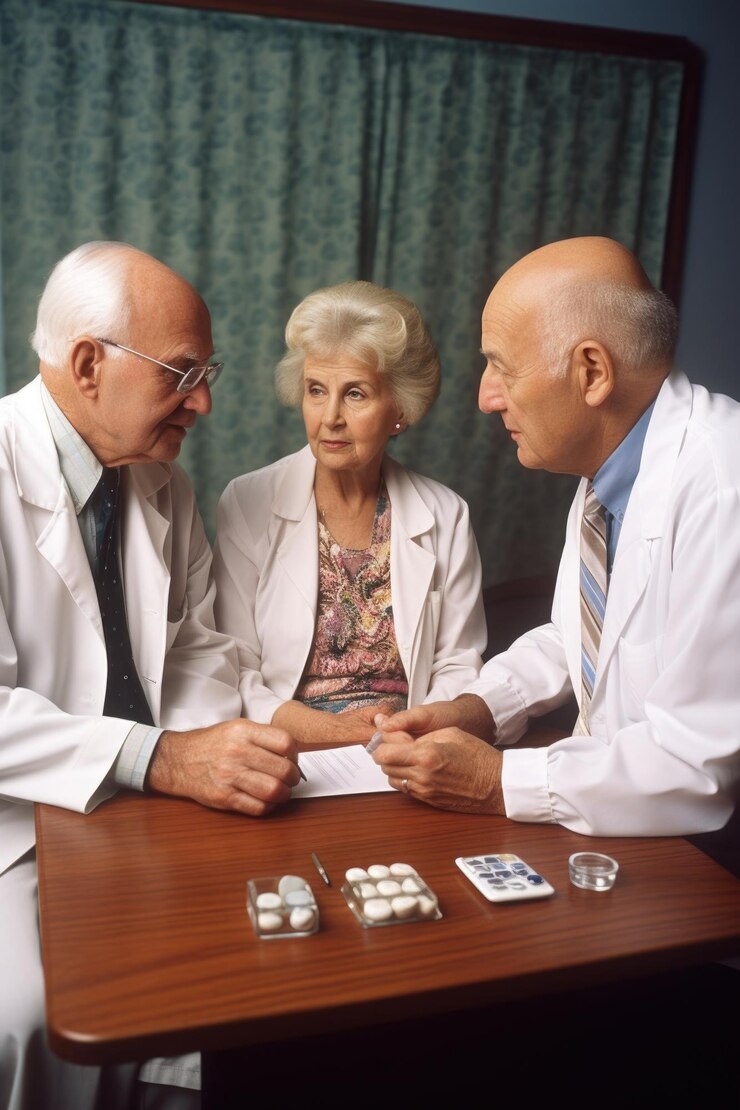 Una pareja de ancianos y un médico hablan de medicamentos, atención médica y bienestar creados con IA generativa
