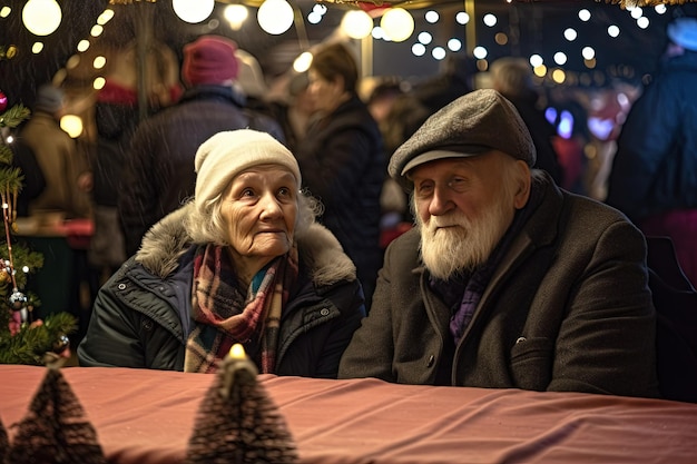 Pareja de ancianos en el mercado navideño Vinter vacaciones celebrando vacaciones