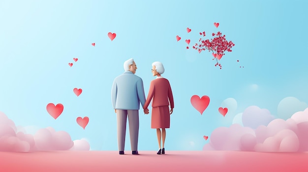 una pareja de ancianos mirando un corazón en forma de corazón con las palabras amor en el fondo.