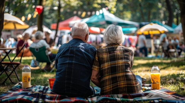 Una pareja de ancianos mirando hacia otro lado de la cámara inmersa en una conversación mientras se sientan en un picnic