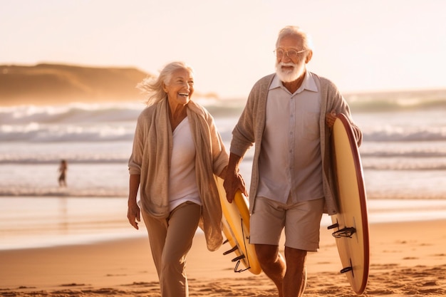 Pareja de ancianos mostrando vitalidad caminando tranquilamente en la playa después de surfear