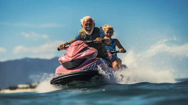 Foto una pareja de ancianos en una moto acuática generative ai