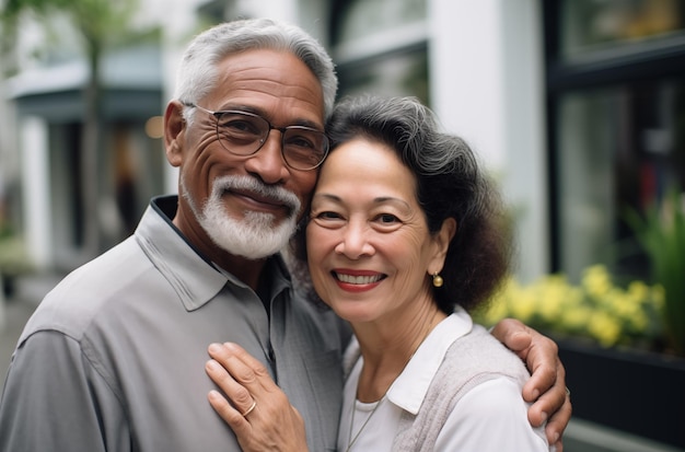 Una pareja de ancianos multirraciales sonriendo juntos