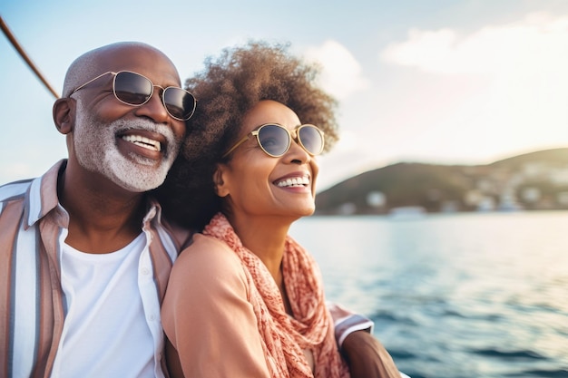 Una pareja de ancianos negros se sienta en un barco o yate con el telón de fondo del mar Gente feliz y sonriente Un viaje en un velero Viaje por mar recreación activa Amor y romance de las personas mayores