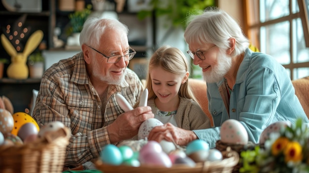 Una pareja de ancianos y un niño se divierten decorando huevos de Pascua en la mesa.