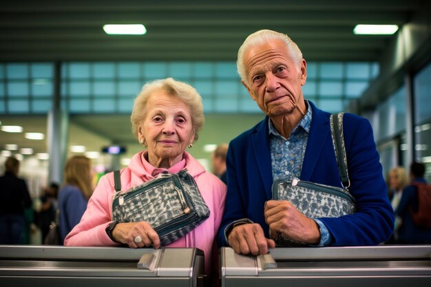 Una pareja de ancianos con pasaportes y tarjetas de embarque de pie en el check-in del aeropuerto