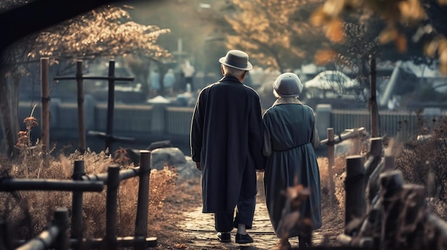 Pareja de ancianos paseando por el parque IA generativa