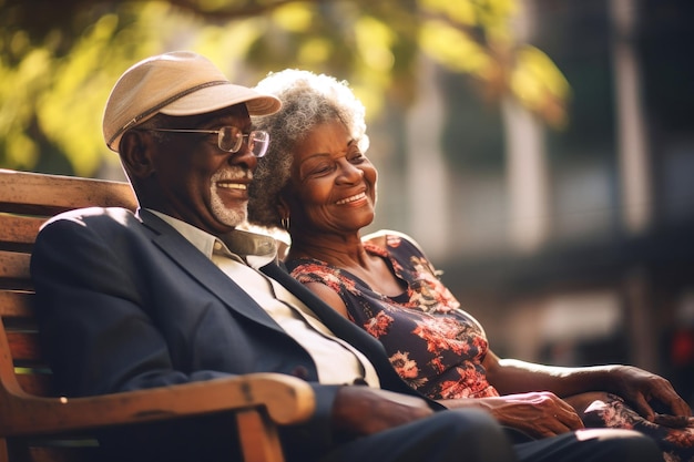 Una pareja de ancianos de piel oscura, un hombre y una mujer se abrazan en un banco del parque. Disfrutan de la comunicación. Citas. Amantes afroamericanos mayores. Relaciones en la vejez. Amor y romance.