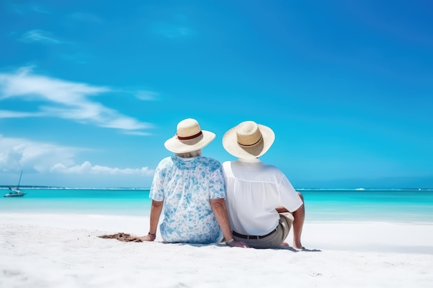 pareja de ancianos en la playa con cielo azul Viajes de jubilación Ilustración generada por IA