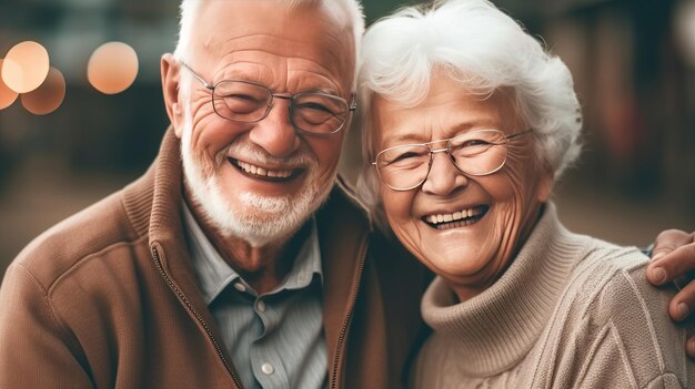 Una pareja de ancianos posa felizmente para una foto compartiendo sonrisas.