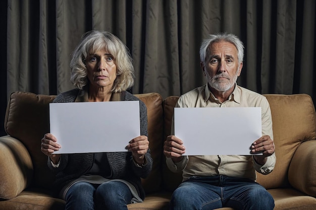 Una pareja de ancianos preocupados con papeles en blanco.