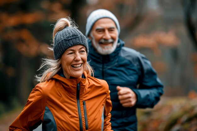 Una pareja de ancianos que adopta un estilo de vida activo Sonrientes ancianos que corren al aire libre juntos en la naturaleza para una forma de vida saludable en la jubilación