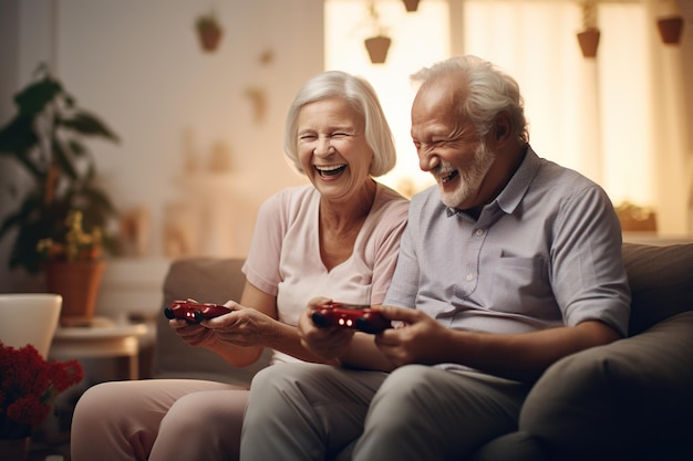 Una pareja de ancianos que se divierten jugando a videojuegos