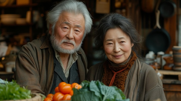 Una pareja de ancianos recogiendo verduras de un jardín del patio trasero