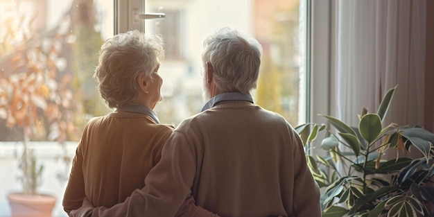Foto una pareja de ancianos recordando felices y haciendo planes mientras miran por la ventana de su casa