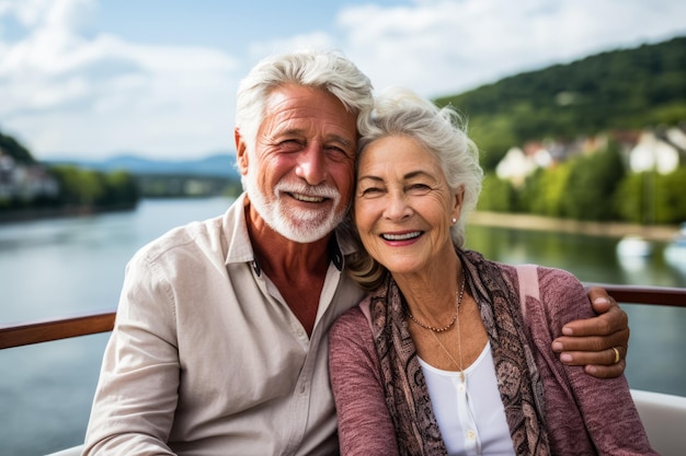 Una pareja de ancianos se relaja contemplando las vistas panorámicas del río desde la cubierta de un crucero