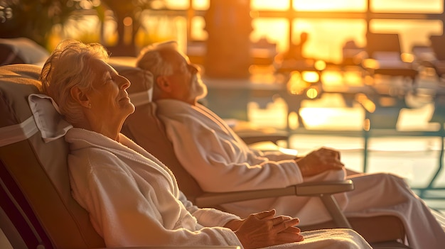 Una pareja de ancianos se relaja en sillas junto a la piscina en Sunset Estilo de vida de jubilación pacífico Luminaria de hora dorada cálida IA