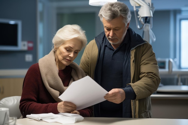 Una pareja de ancianos revisando documentos en un hospital