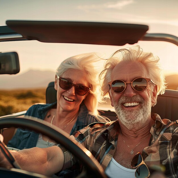 Una pareja de ancianos riendo en un viaje por carretera al atardecer