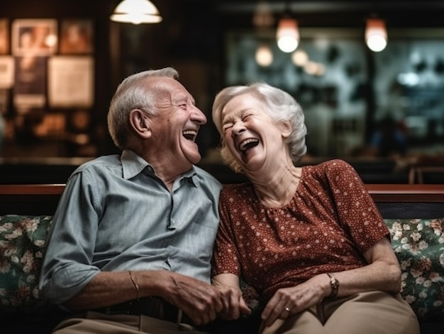 Una pareja de ancianos riendo.