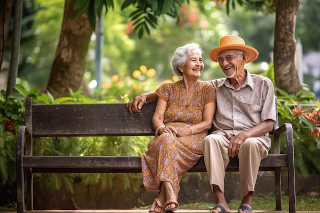 Una pareja de ancianos sentados en un banco del parque compartiendo un momento