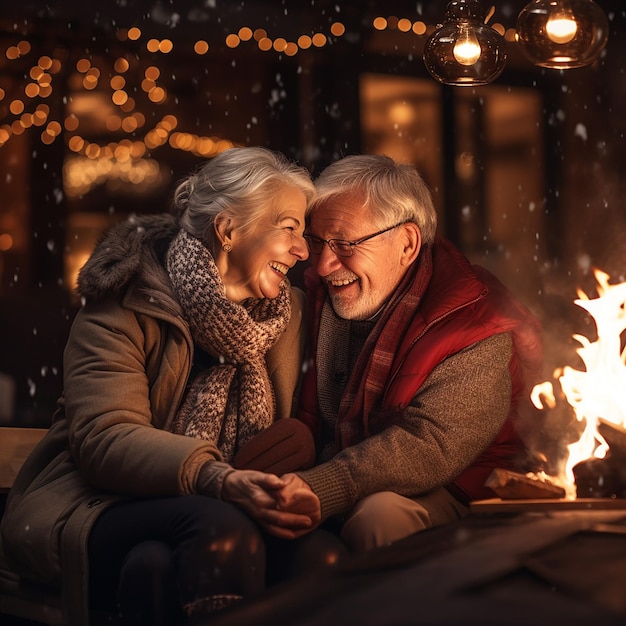 Foto una pareja de ancianos sentados y calentándose juntos