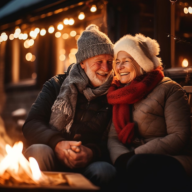 Foto una pareja de ancianos sentados y calentándose juntos