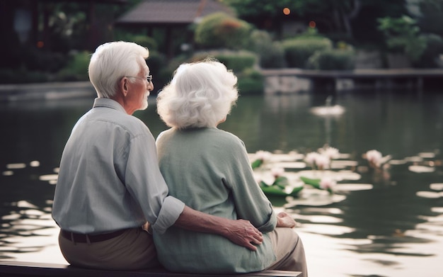 Una pareja de ancianos sentados juntos en el jardín