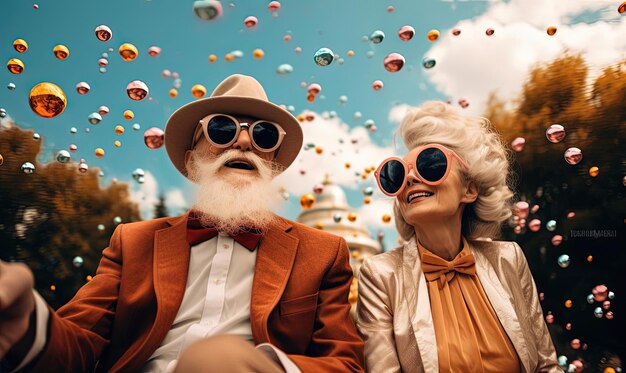 Foto una pareja de ancianos sentados en un parque en el estilo de la alegría caprichosa