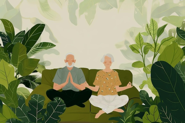 Una pareja de ancianos sentados en el sofá en casa haciendo yoga