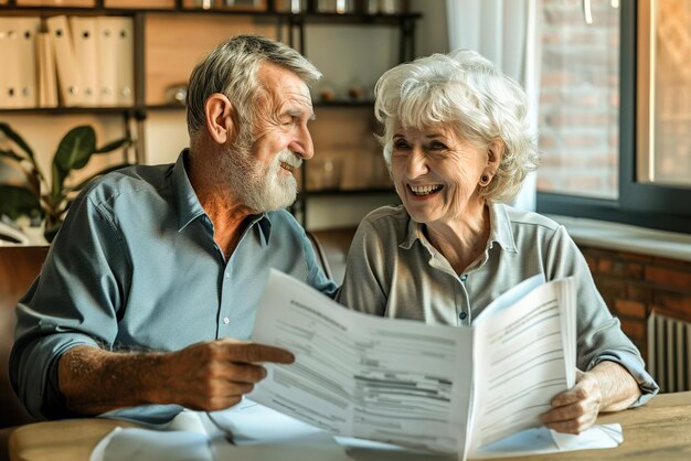 Una pareja de ancianos se sonríen entre sí mientras sostienen papeles de seguro de toda la vida de seguridad y protección