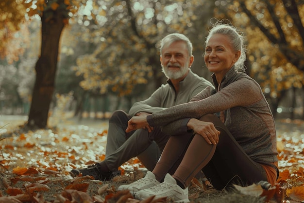 Una pareja de ancianos sonriendo y sentados entre las coloridas hojas caídas en una escena de parque de otoño