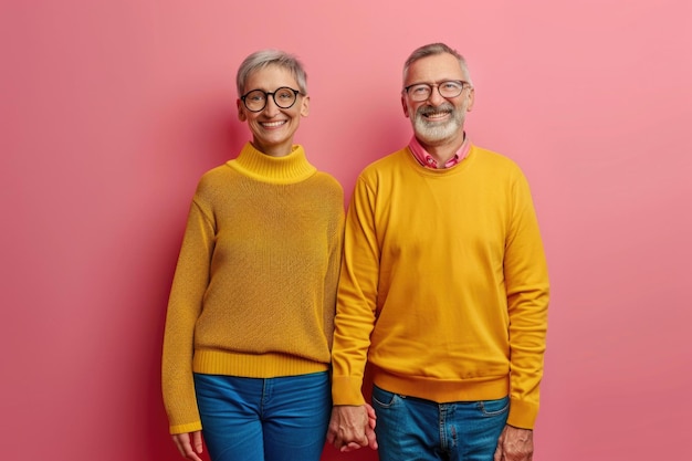 Una pareja de ancianos sonriendo y tomados de la mano en un fondo rosa